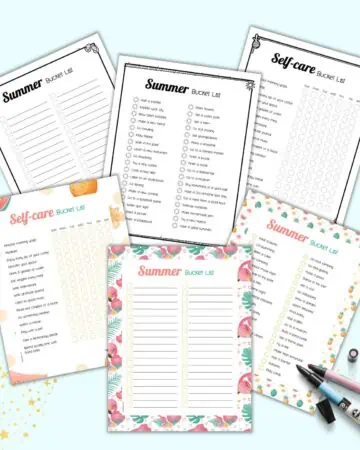 A preview of six pages of summer themed bucket list printable. Three are in color and three are in black and white.