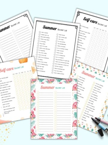 A preview of six pages of summer themed bucket list printable. Three are in color and three are in black and white.