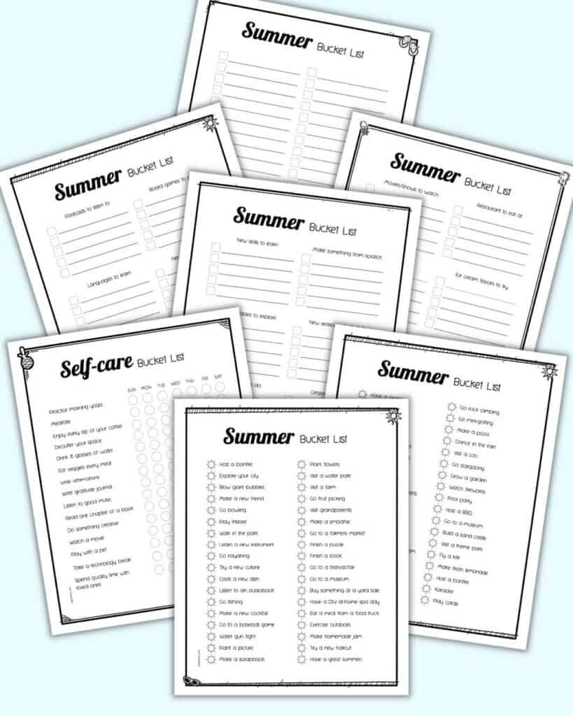 A preview of seven pages of black and white summer bucket list printables