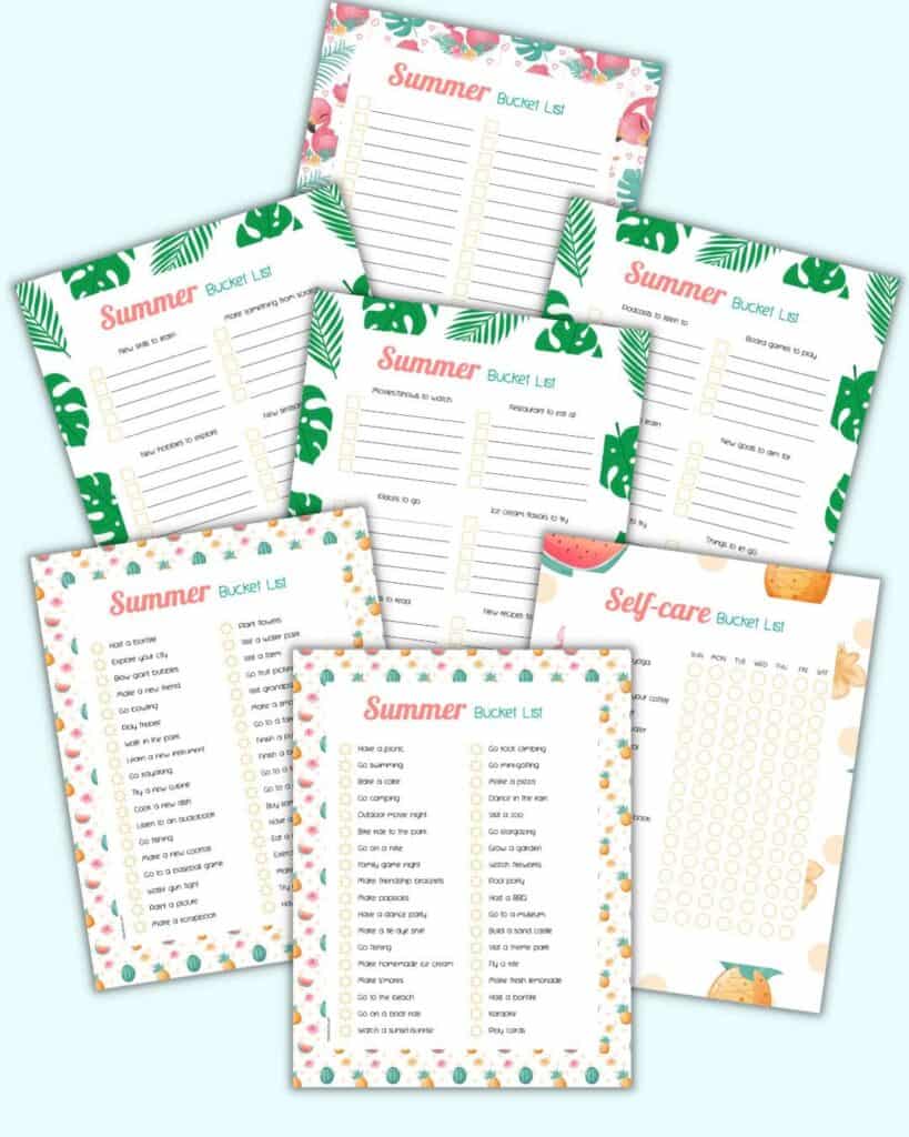 A preview of seven pages of colorful summer bucket list printables