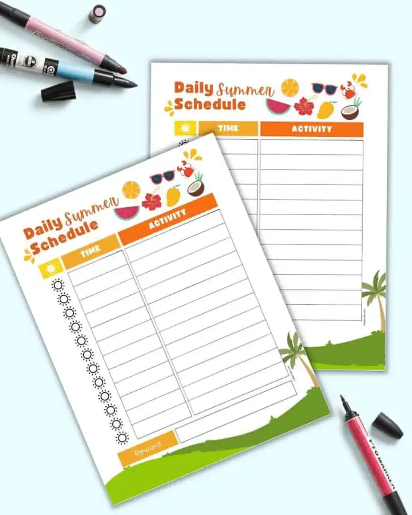 A preview of two summer themed daily schedule printables for kids