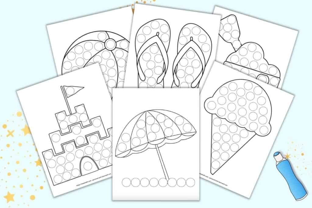A preview of six summer themed do a dot marker painting printables