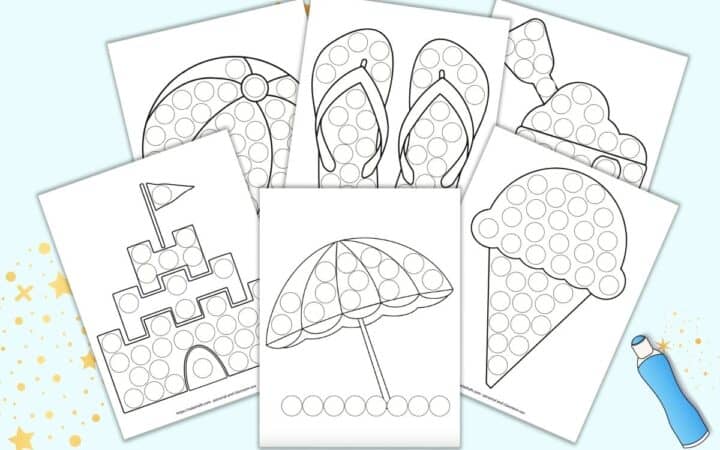 A preview of six summer themed dot marker pages for kids