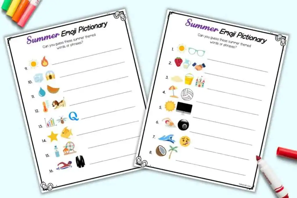 Two pages of free printable summer emoji Pictionary game