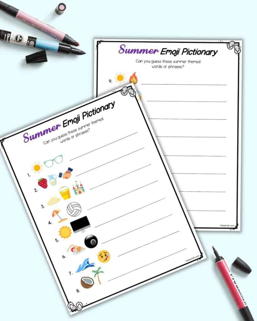 Two pages of free printable summer emoji Pictionary game. They are on a light blue background.