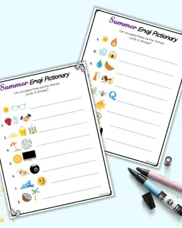 Two pages of free printable summer emoji Pictionary game. They are on a light blue background.