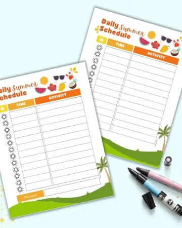 A preview of two summer themed daily schedule printables for kids. They are on a light blue background with two markers