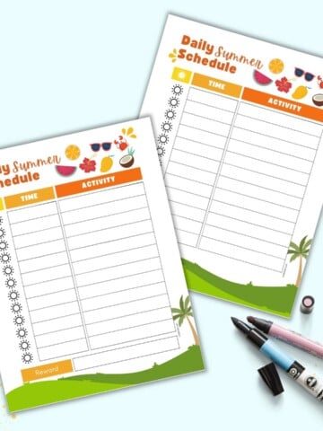 A preview of two summer themed daily schedule printables for kids. They are on a light blue background with two markers