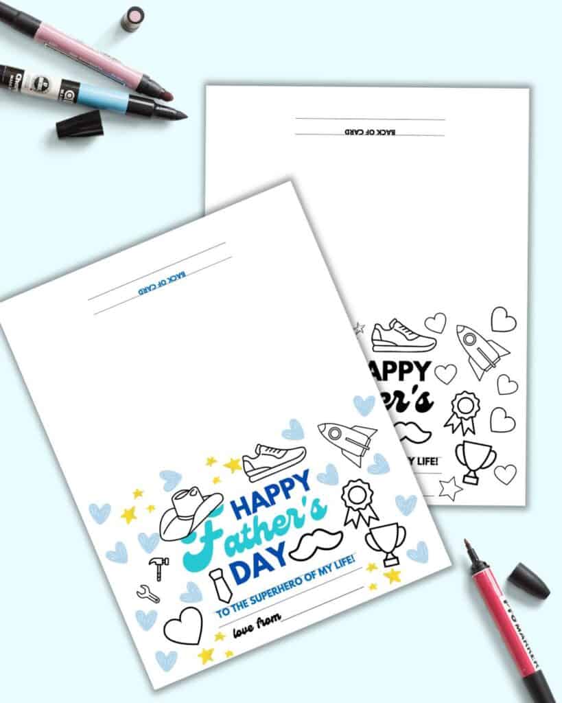 A preview of two printable Father's Day cards - one in color and the other in black and white
