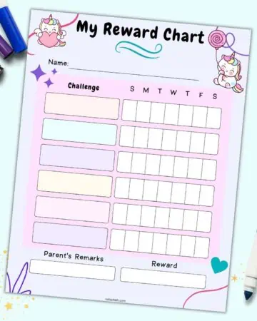 A preview of a unicorn themed reward chart printable for kids