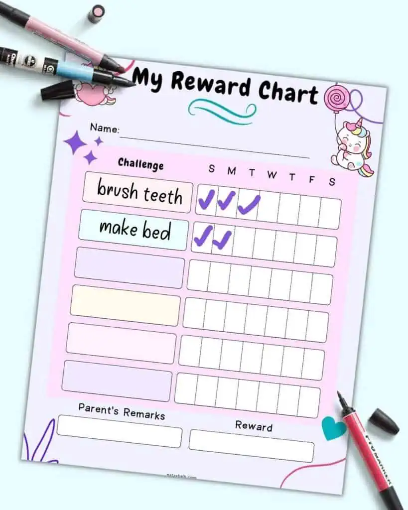 A preview of a unicorn themed reward chart printable for kids. It is partially completed with days marked for "brush teeth" and "make bed"