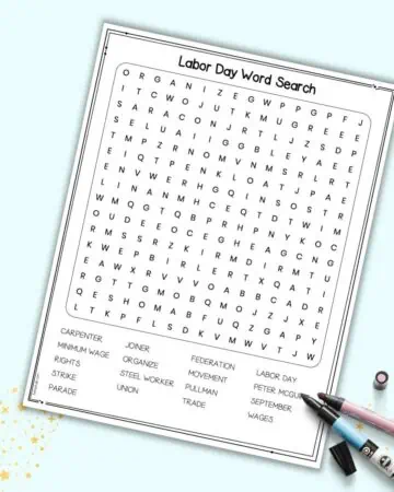 A preview of a Labor Day themed word search puzzle for kids