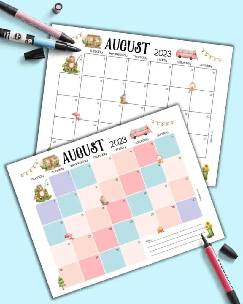 A preview of two dated August 2023 calendars with a camping theme