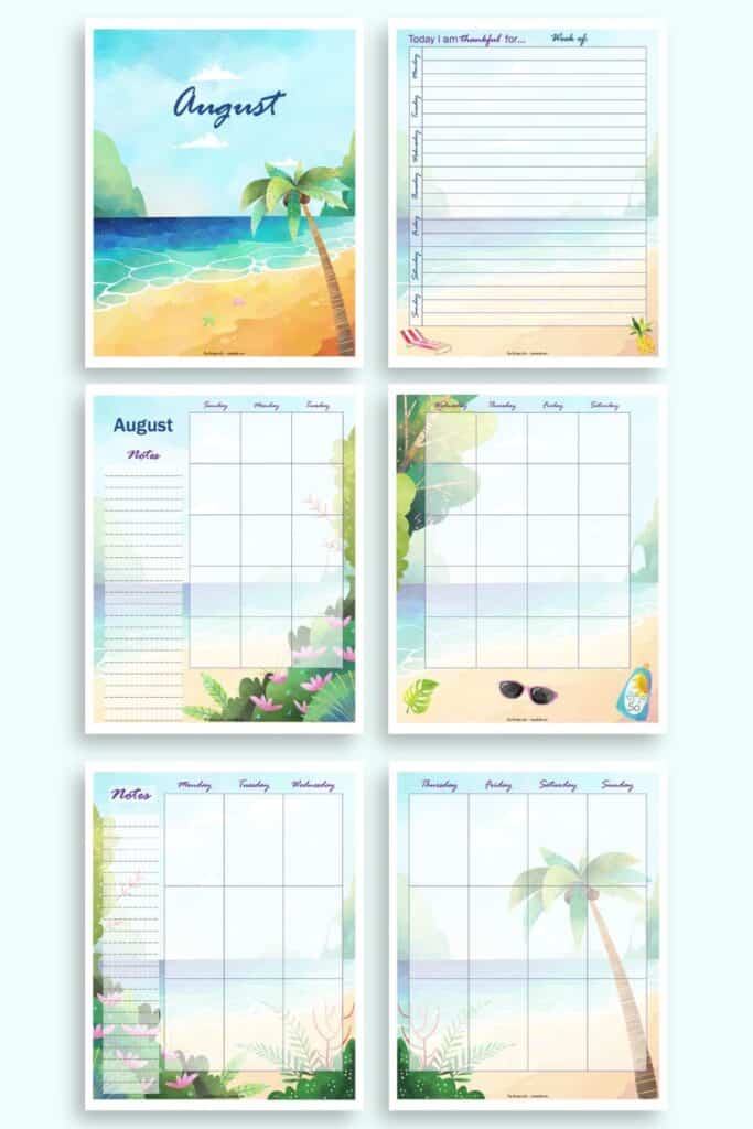 A preview of six pages of beach themed printable planner page for August