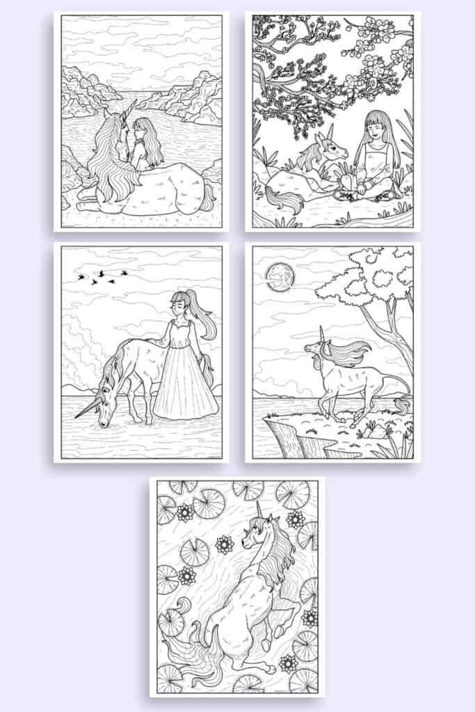 A preview of five realistic unicorn coloring pages for adults on a light purple background. 