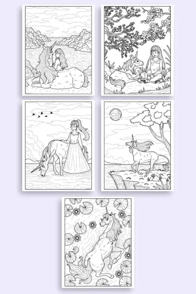 A preview of five realistic unicorn coloring pages for adults on a light purple background.