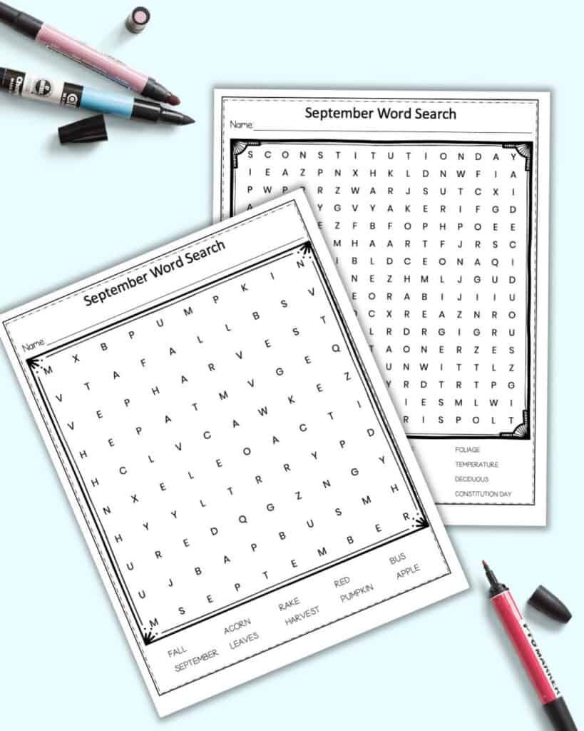 A preview of two difficulties of word search printable for September