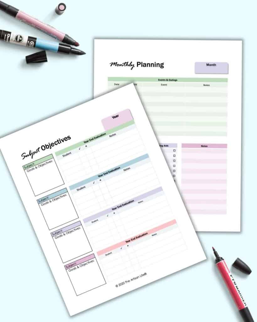 A preview of two pages from a printable homeschool planner