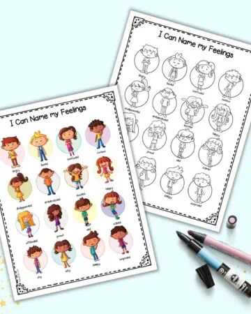 A preview of a printable emotion chart in color and black and white. Each chart has clip art pictures of kids and 16 different emotions.