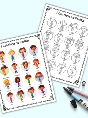 A preview of a printable emotion chart in color and black and white. Each chart has clip art pictures of kids and 16 different emotions.
