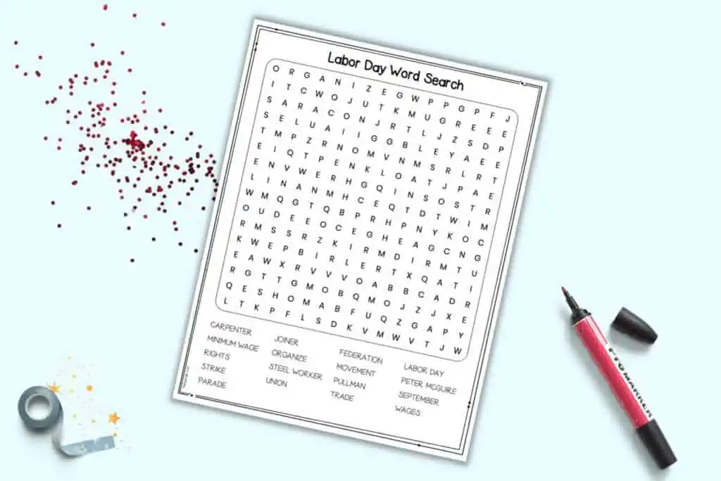 A preview of a Labor Day themed word search puzzle for kids. It is on a light blue background.