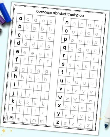 A preview of a lowercase letter tracing page with the entire alphabet a-z in lowercase letters to trace. It is shown on a light blue background with children's markers.