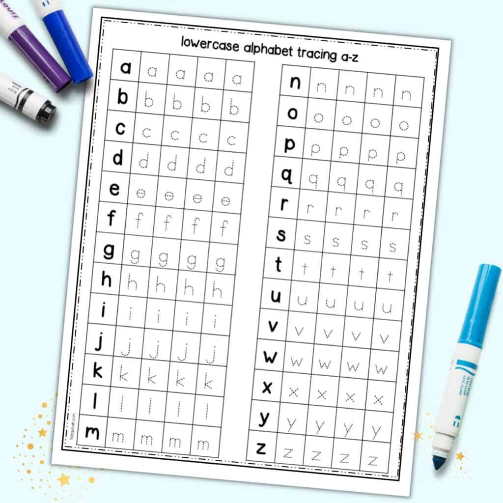 A preview of a lowercase letter tracing page with the entire alphabet a-z in lowercase letters to trace