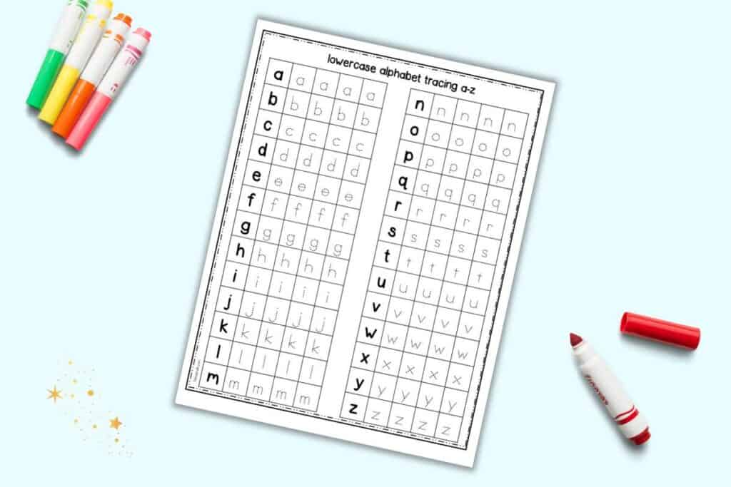 A preview of a lowercase letter tracing page with the entire alphabet a-z in lowercase letters to trace