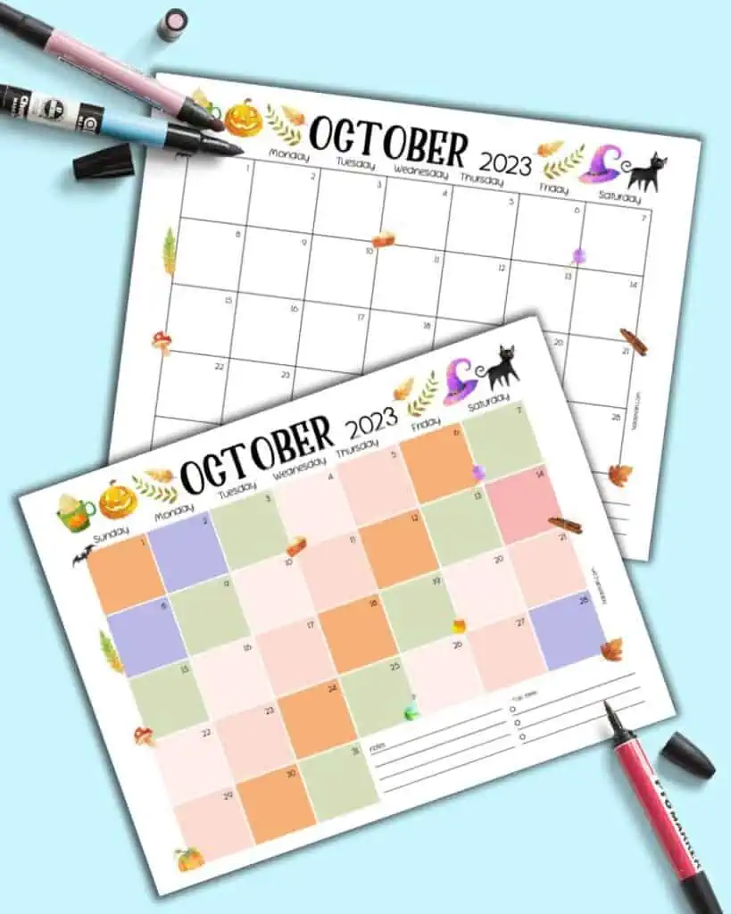 A preview of two dated October calendar pages for 2023
