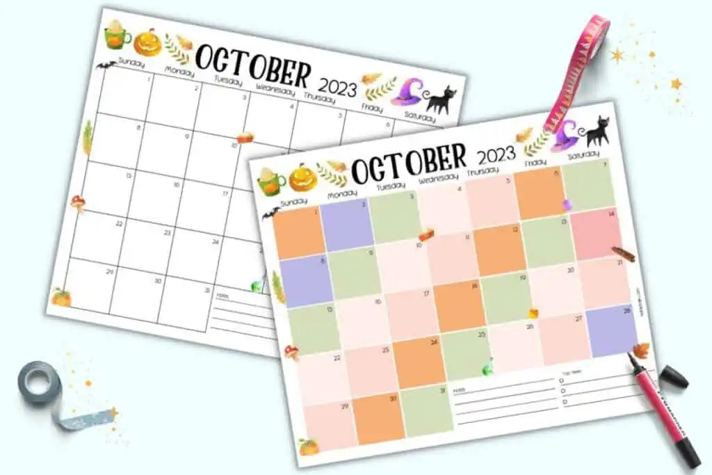 A preview of two dated October calendar pages for 2023