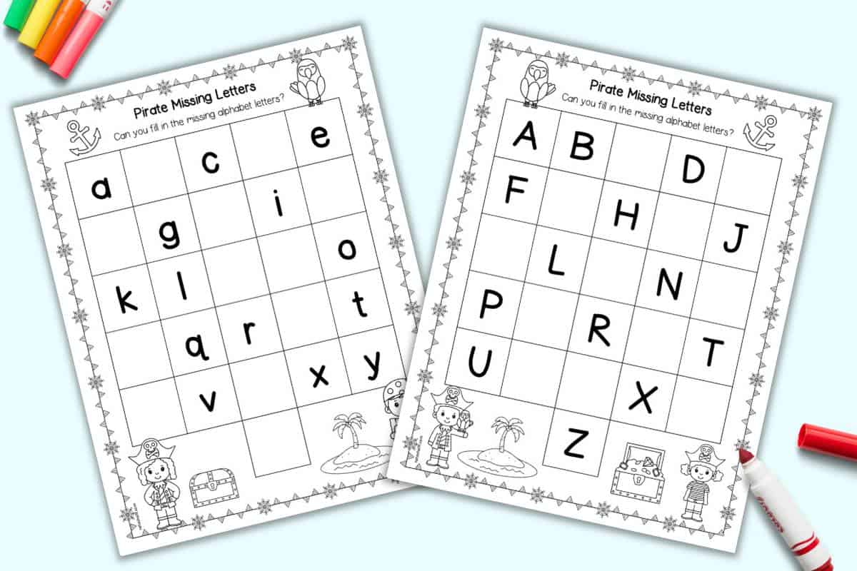 A preview of two pirate themed missing letter worksheets. One page has uppercase letters and the other lowercase letters.