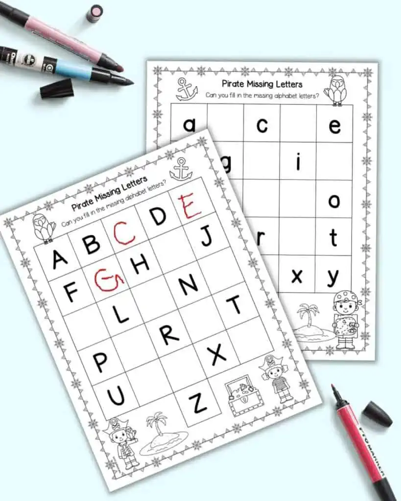 A preview of two pirate themed missing letter worksheets. One page has uppercase letters and the other lowercase letters.