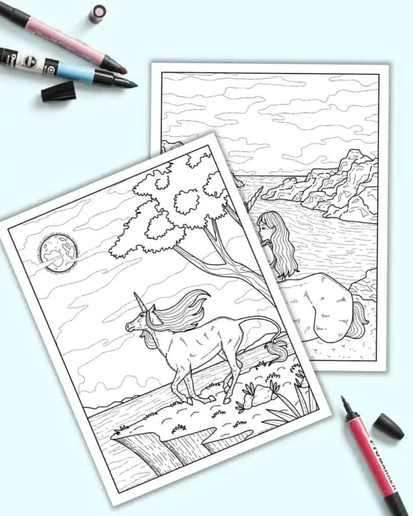 A preview of two realistic unicorn coloring pages for adults on a light blue background. 
