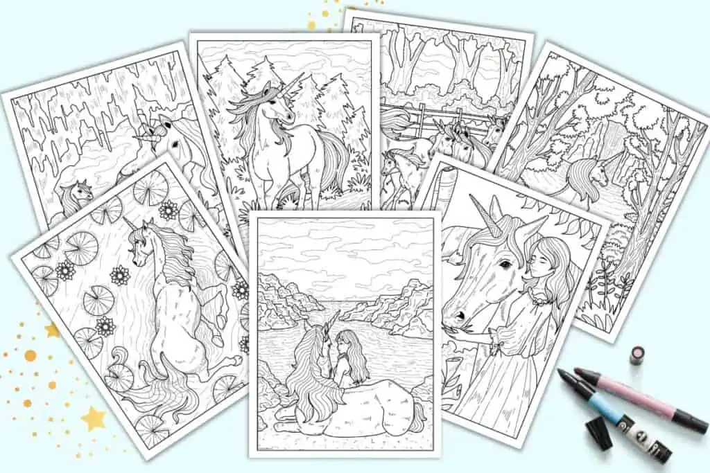 A preview of seven realistic unicorn coloring pages for adults on a light blue background. 