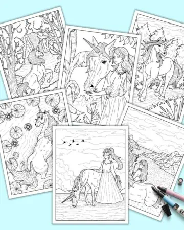 A preview of six realistic unicorn coloring pages for adults on a light blue background.