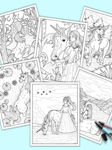 A preview of six realistic unicorn coloring pages for adults on a light blue background.