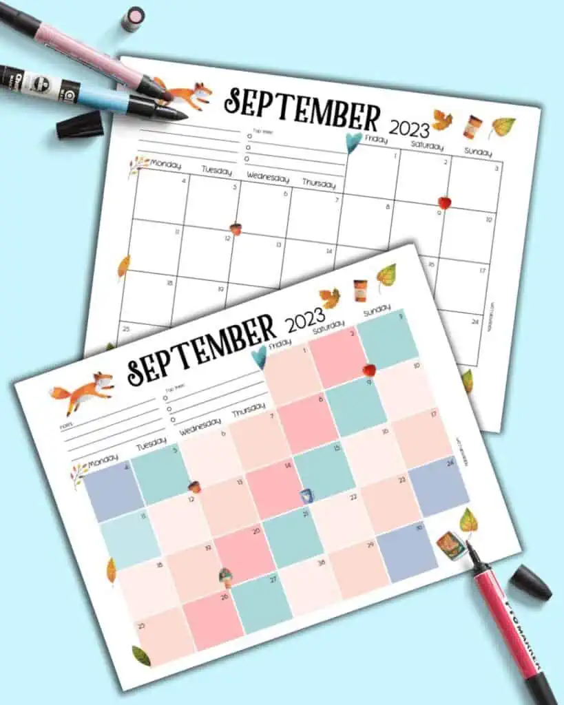 A preview of two pages of free printable September 2023 calendar with a fall theme