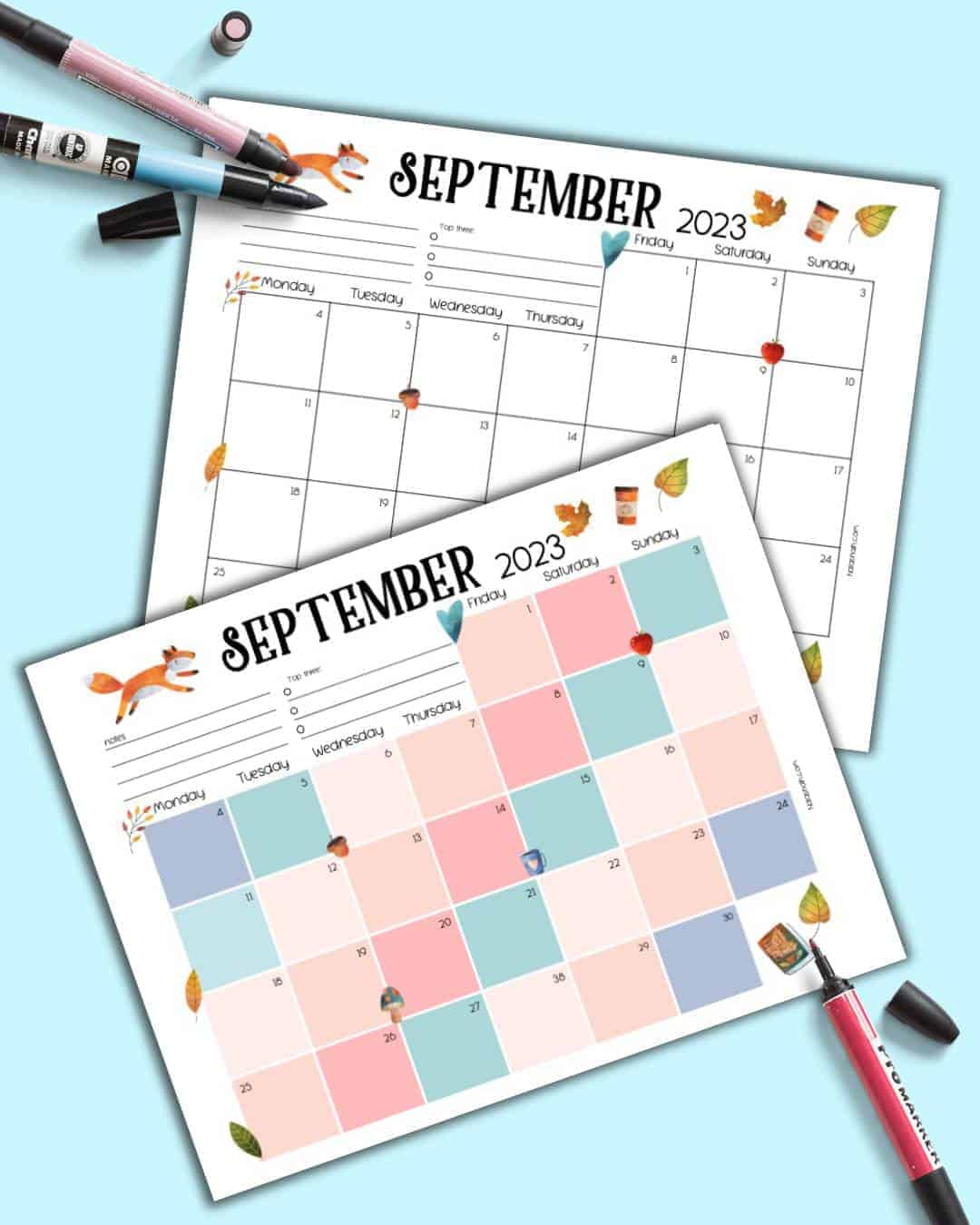 two pages of printable September 2023 calendar