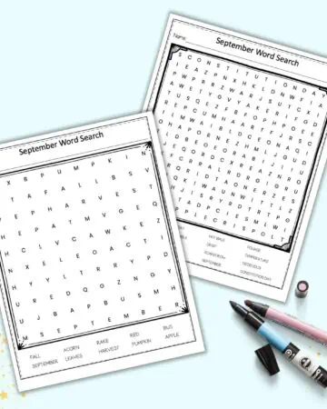 A preview of two free printable September word search puzzles for kids