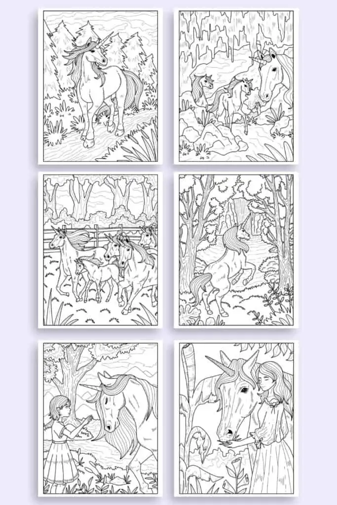 A preview of six realistic unicorn coloring pages for adults on a light purple background. 