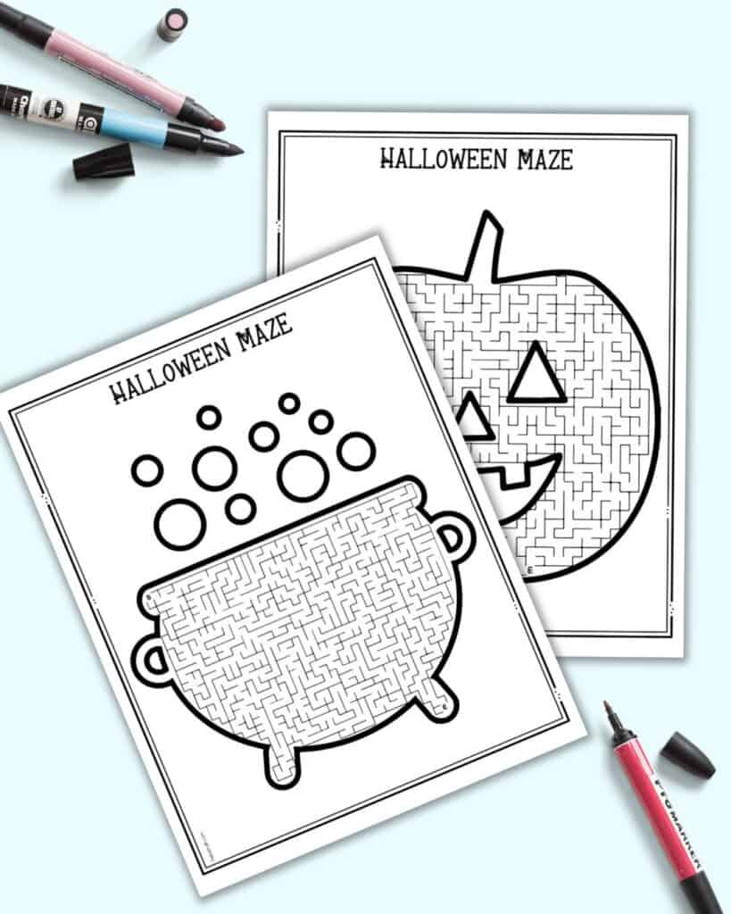 A preview of two printable Halloween themed mazes. One has a cauldron and the other a Jack o Lantern.