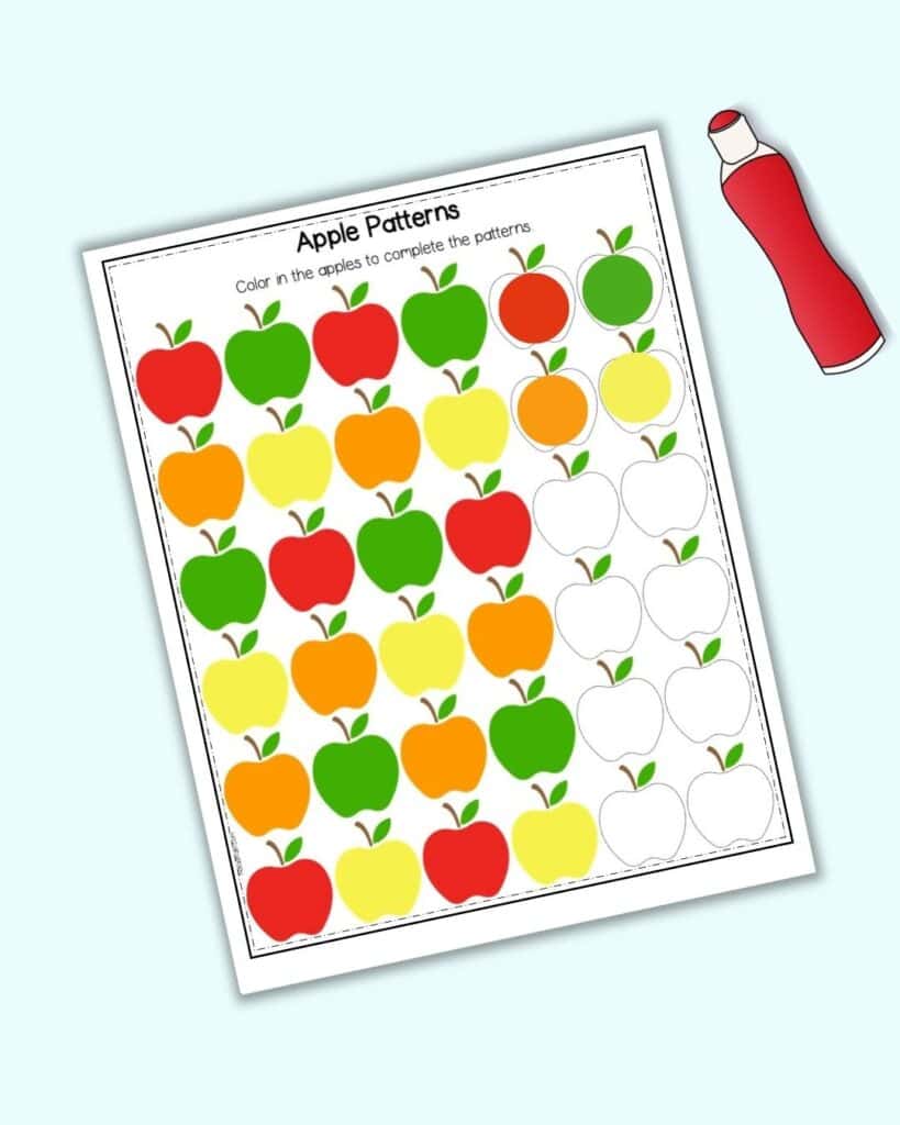 A preview of an ABAB pattern worksheet with an apple theme. The worksheet is partially completed with a dot marker