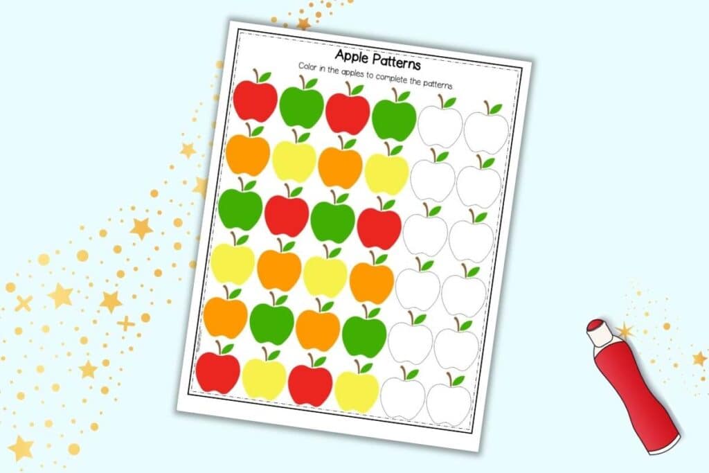 A preview of an ABAB pattern worksheet with an apple theme