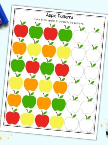 an apple themed ABAB pattern worksheet for preschoolers