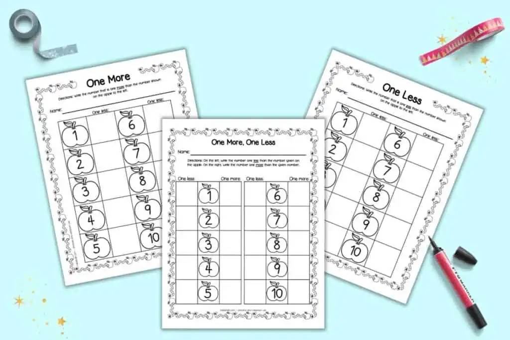 One more, one less worksheets with numbers 1-10 and a fall apple theme