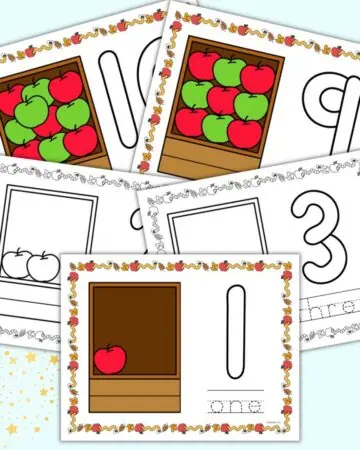A preview of five apple themed counting mats for preschoolers. Three are in color and two in black and white.
