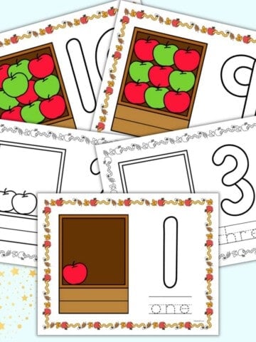 A preview of five apple themed counting mats for preschoolers. Three are in color and two in black and white.