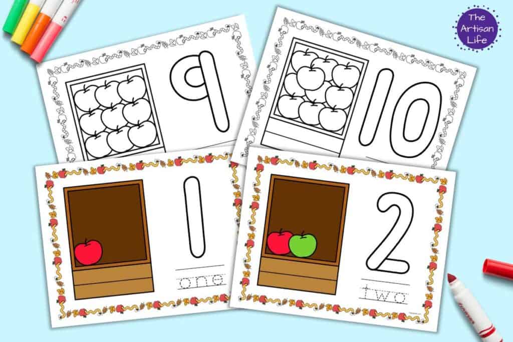 A preview of four pages of apple themed counting mat. Two are in color, two are in black and white.