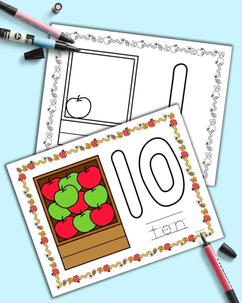 A preview of two apple themed counting for preschoolers. One is in color with the number 10 and the other is black and white with teh number 1