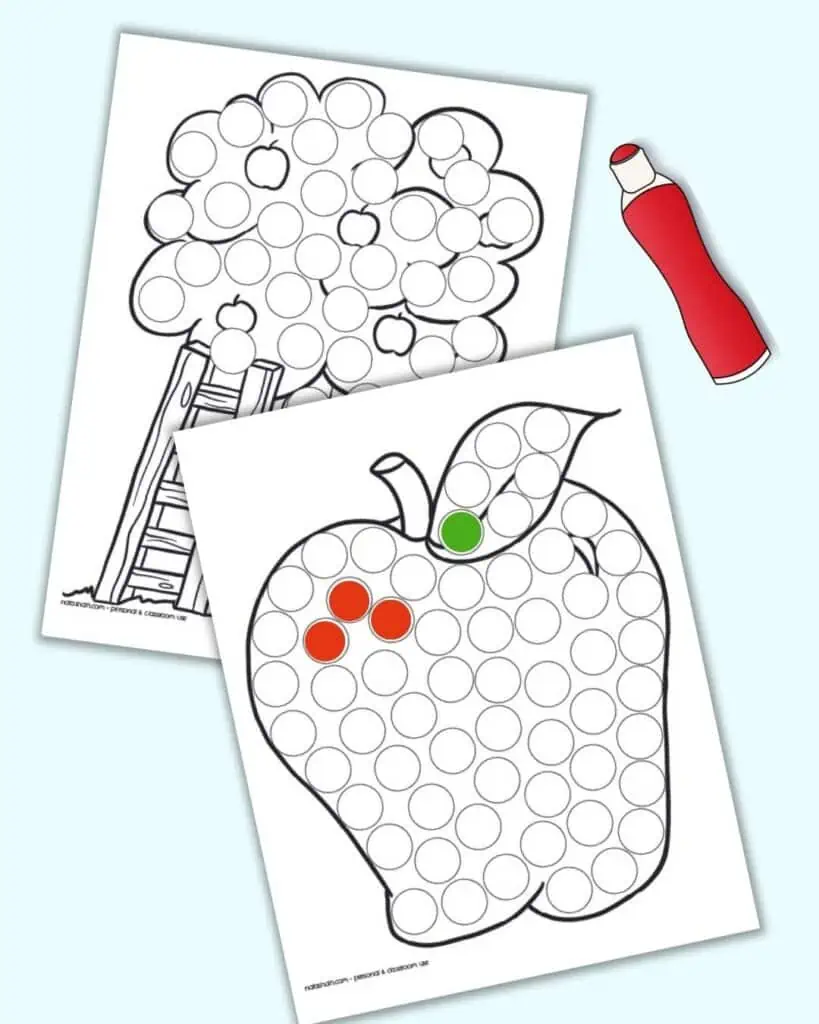 A preview of two black and white apple themed dot marker coloring pages